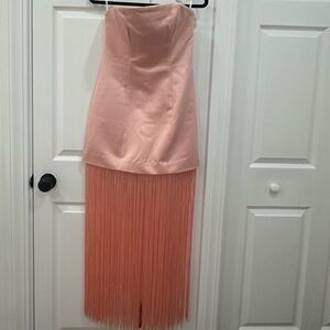 Club L London Blush Pink Satin Bandeau Maxi Dress With Fringe